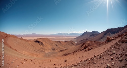 Atacama Desert, Chile, arid desert landscape with vast salt flats and distant mountains under a clear sky, showcasing the stark beauty of one of the world’s driest places.