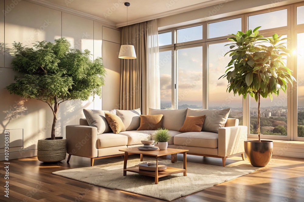 Fototapeta premium Stylish Minimalist Living Room with Natural Light, Beige Sofa, Decorative Tree, and Clean Lines for Modern Interior Design Inspiration