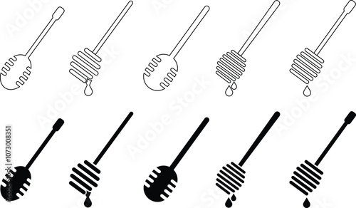 Set of honey dripper stick icons in trendy flat and outline graphic designs styles. Modern Skincare and beauty treatment honey comb vectors illustration isolated on transparent background.