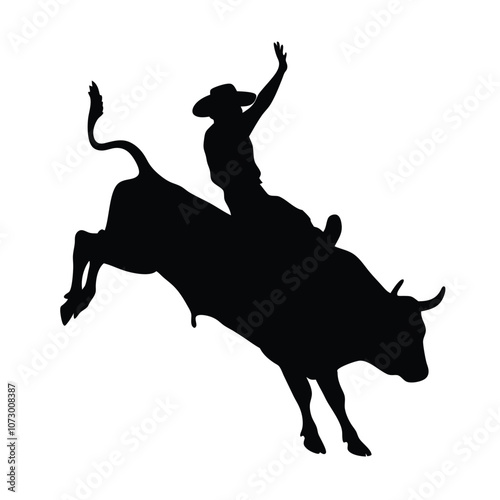 a cow girl ridding a aggressive bull, the bull are jumping with back two leg, vector silhouette