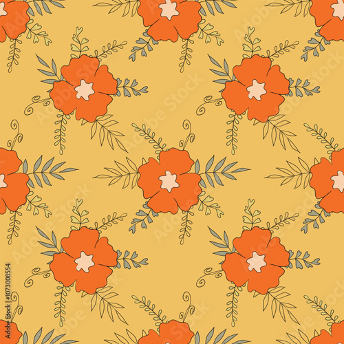Seamless floral pattern based on traditional folk art ornaments. Colorful flowers on color background. Scandinavian style. Sweden nordic style. Vector illustration. Simple minimalistic pattern