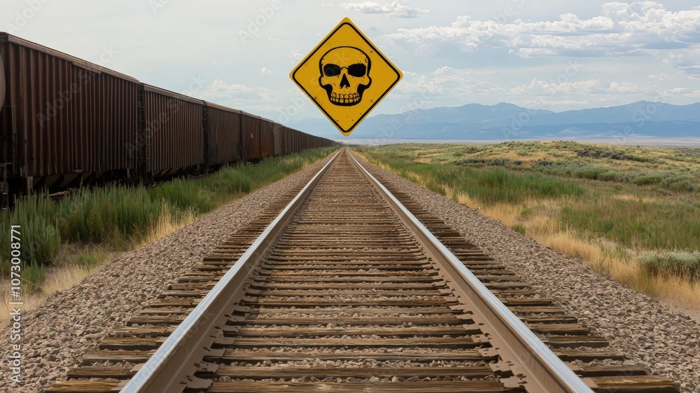 A desolate railway scene features a warning sign with a skull, symbolizing danger ahead on a remote track under a cloudy sky. A desolate railway scene features a warning sign with a skull, symbolizing danger ahead on a remote track under a cloudy sky.