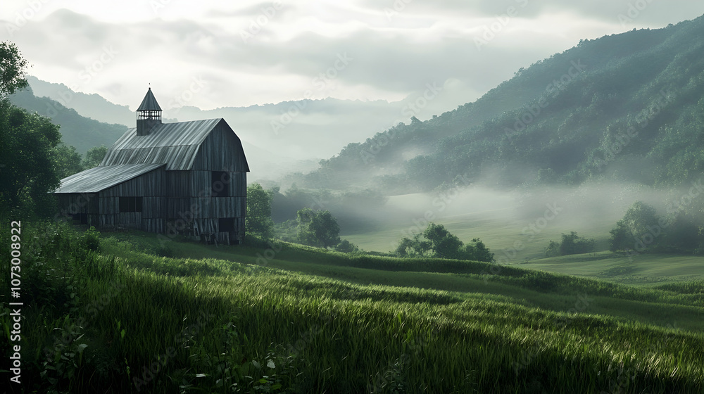 A weathered barn stands alone on a grassy hillside, surrounded by misty mountains.