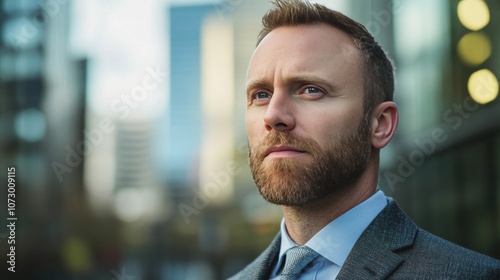 Confident Businessman in Urban Setting with Modern Architecture Background