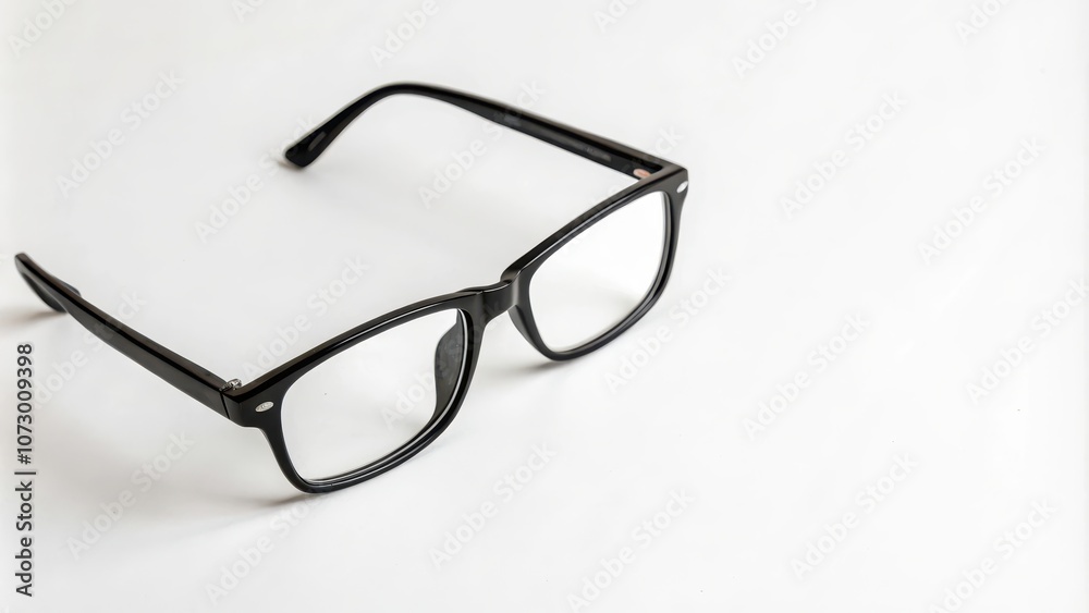 A pair of classic black eyeglasses with clear lenses, lying flat on a white background. The glasses are angled to the right and have a simple, timeless design. A pair of classic black eyeglasses with clear lenses, lying flat on a white background. The glasses are angled to the right and have a simple, timeless design.