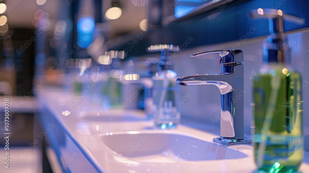 Row of modern bathroom sinks featuring sleek chrome faucets emphasizing contemporary design and functionality. Row of modern bathroom sinks featuring sleek chrome faucets emphasizing contemporary design and functionality.