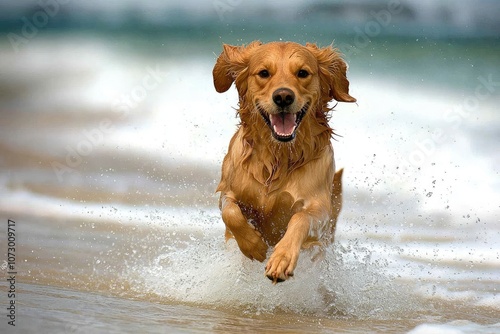 A dog playfully splashing in the water, chasing after waves at the beach.