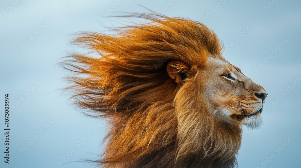 Naklejka premium A close-up view of a lion's majestic mane blowing in the breeze during the golden hour