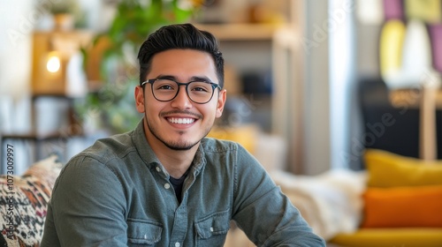 Smiling Young Man in Casual Attire Posing in a Cozy Living Room Setting