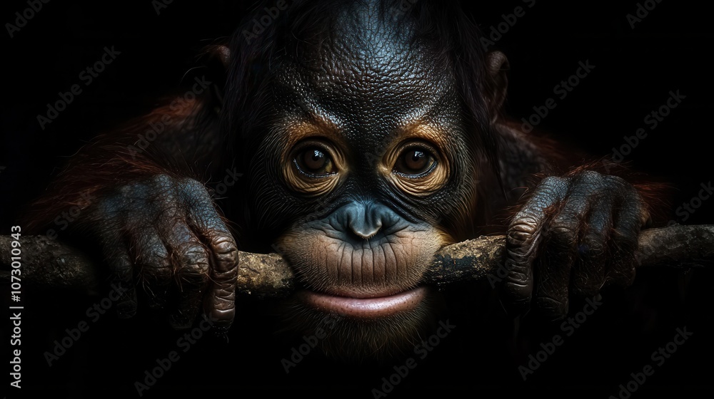 An orangutan holds onto a branch, displaying wise eyes in a tranquil rainforest setting An orangutan holds onto a branch, displaying wise eyes in a tranquil rainforest setting