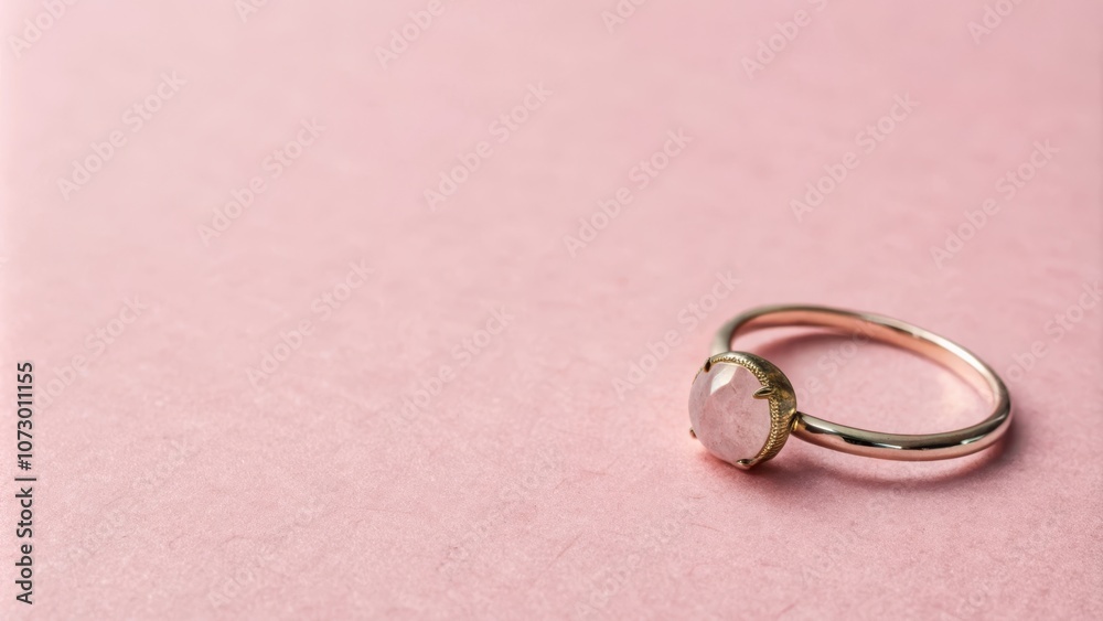 A delicate gold ring with a single, oval-shaped gemstone, resting on a soft pink background. A delicate gold ring with a single, oval-shaped gemstone, resting on a soft pink background.