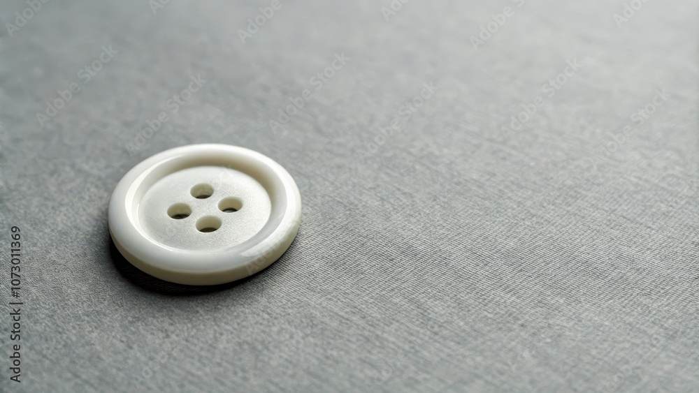 A single white button, smooth and shiny, sits against a gray fabric background, casting a subtle shadow, a simple detail yet embodying a timeless quality