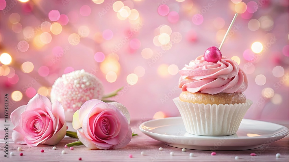 Delicate Pink Cupcake with Cherry Topping and Roses on a Wooden Table with a Blurry Pink Bokeh Background Delicate Pink Cupcake with Cherry Topping and Roses on a Wooden Table with a Blurry Pink Bokeh Background