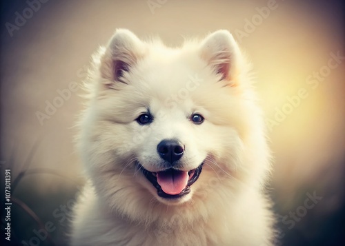 Adorable Smiling Samoyed Puppy Portrait in Vintage Style, Capturing the Charm and Playfulness of a Joyful Companion with a Heartwarming Expression and Soft Fur