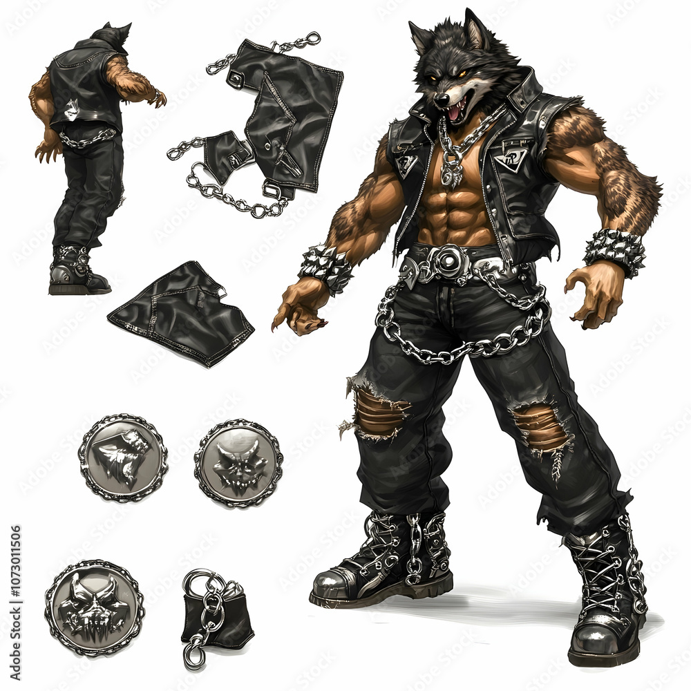 A werewolf character wearing a leather jacket, jeans, boots, and chains. He has a muscular body, a wolf head, and a fierce expression. A werewolf character wearing a leather jacket, jeans, boots, and chains. He has a muscular body, a wolf head, and a fierce expression.