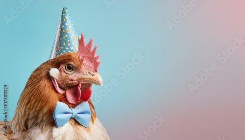 Creative animal concept. chicken in party cone hat necklace bowtie outfit isolated on solid pastel background advertisement, copy text space. birthday party invite invitation