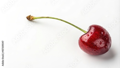 A single, ripe cherry with dew drops, showcasing its vibrant red color and glossy skin, resting on a white surface.