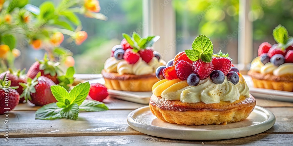 Sweet Delights Freshly Baked Pastry Topped with Whipped Cream and a Medley of Raspberries, Blueberries, and a Delicate Sprig of Mint
