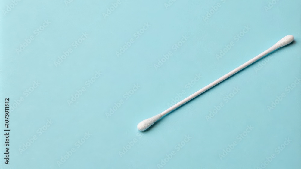 A single cotton swab lies diagonally on a light blue background, ready for its purpose. A single cotton swab lies diagonally on a light blue background, ready for its purpose.