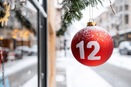 festive red ornament with number 12 hangs from snowy branch, creating cheerful holiday atmosphere in wintery street scene photo