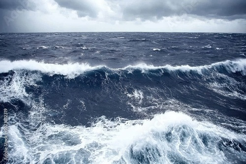 A dark stormy ocean with high waves and dark clouds forming in the distance.