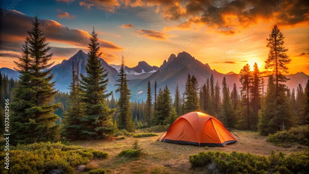A solitary tent nestled amidst a vibrant forest, bathed in the golden glow of a majestic sunset, casting long shadows on the mountain peaks. A solitary tent nestled amidst a vibrant forest, bathed in the golden glow of a majestic sunset, casting long shadows on the mountain peaks.