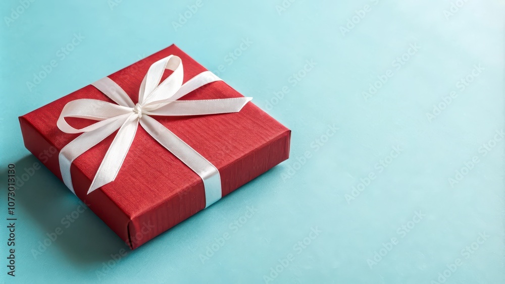 A single red gift box with a white satin ribbon sits on a light blue background, ready for any special occasion. A single red gift box with a white satin ribbon sits on a light blue background, ready for any special occasion.