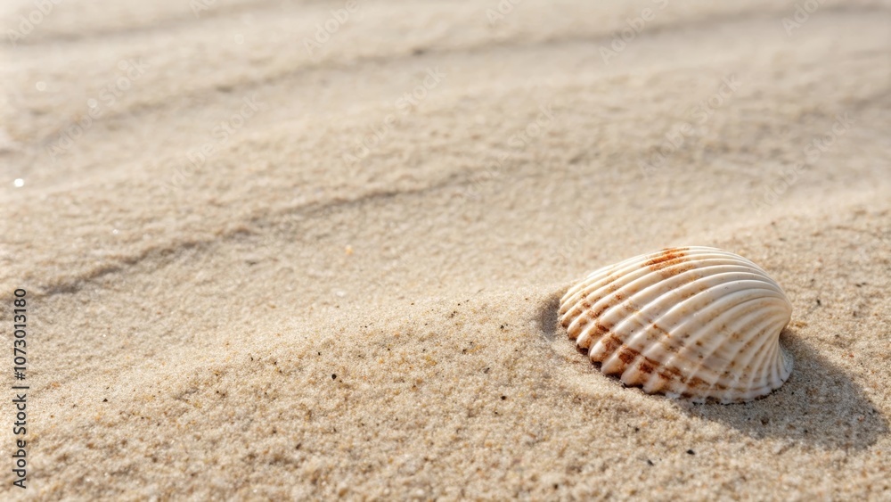 A single seashell nestled in the soft sand, showcasing the beauty of nature's simple details. A single seashell nestled in the soft sand, showcasing the beauty of nature's simple details.