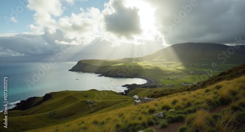 The Dingle Peninsula, Ireland, rugged cliffs, green hills, and scenic coastline, showcasing Ireland’s charming coastal beauty and serene landscapes. photo