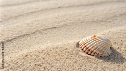 A single seashell nestled in the soft sand, showcasing the beauty of nature's simple details.