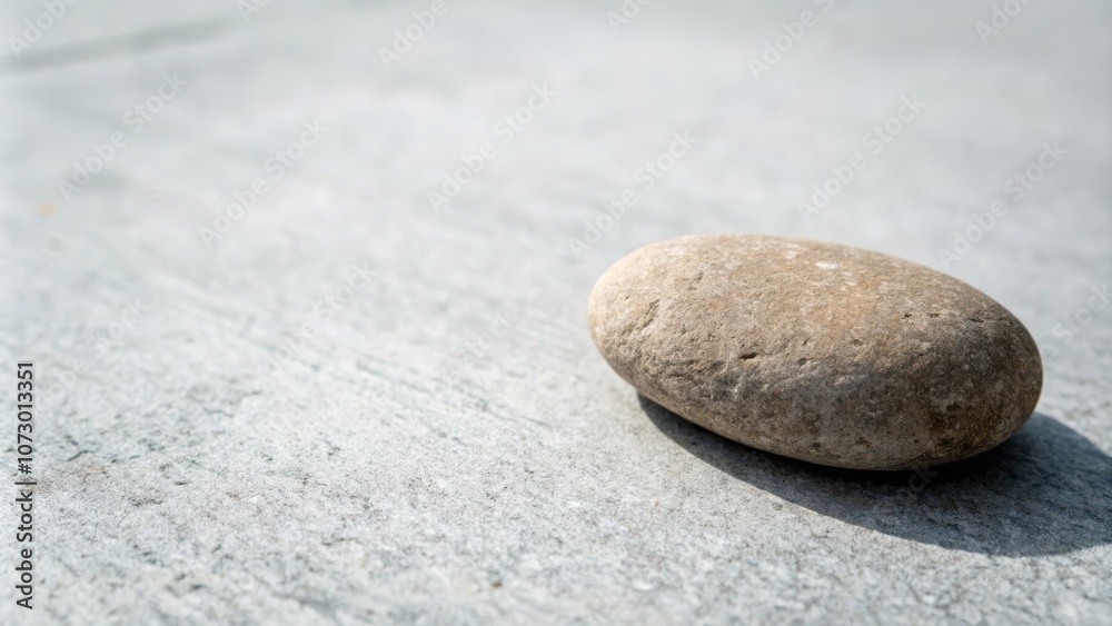 A smooth, gray, river rock resting on a light-colored, textured surface, bathed in soft, natural light. A smooth, gray, river rock resting on a light-colored, textured surface, bathed in soft, natural light.