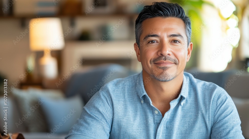 Obraz premium Confident Middle-Aged Man Smiling in a Cozy Living Room Setting