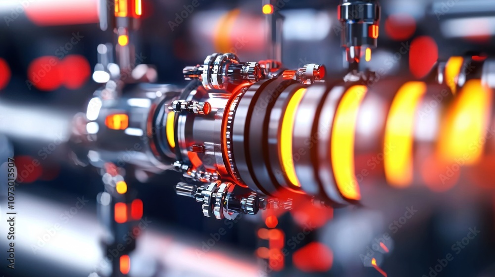 Highly Detailed Close-Up of a Futuristic Industrial Pipe System with Glowing Elements and High-Tech Components in a Modern Manufacturing Environment Highly Detailed Close-Up of a Futuristic Industrial Pipe System with Glowing Elements and High-Tech Components in a Modern Manufacturing Environment