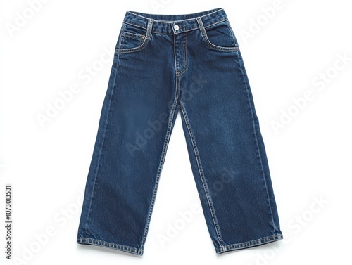 Blue denim trousers, casual style, white isolate background