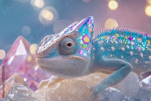 A vibrant chameleon rests on sparkling crystals in a soft, dreamy background with bokeh lighting