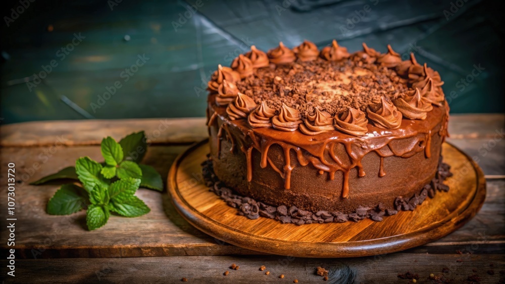 A Delicious Chocolate Cake with Creamy Frosting and Drizzled Caramel, Garnished with Chocolate Shavings and Mint Leaves, Presented on a Rustic Wooden Plate A Delicious Chocolate Cake with Creamy Frosting and Drizzled Caramel, Garnished with Chocolate Shavings and Mint Leaves, Presented on a Rustic Wooden Plate