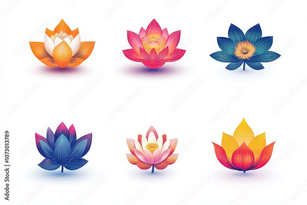 Colorful lotus flowers illustration on a white isolated background. Colorful lotus flowers illustration on a white isolated background.