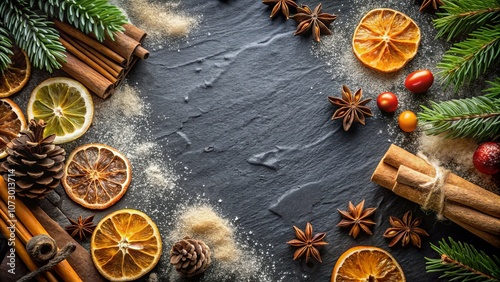 Top View of Dark Slate Table Featuring Christmas Winter Spices and Ingredients for Baking, Perfect for Culinary Background with Long Exposure Effects and Copy Space