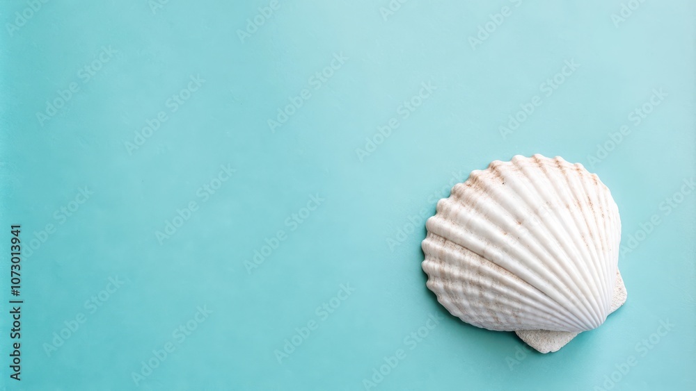 A single seashell rests on a light turquoise background, creating a minimalist and calming image of the ocean. A single seashell rests on a light turquoise background, creating a minimalist and calming image of the ocean.