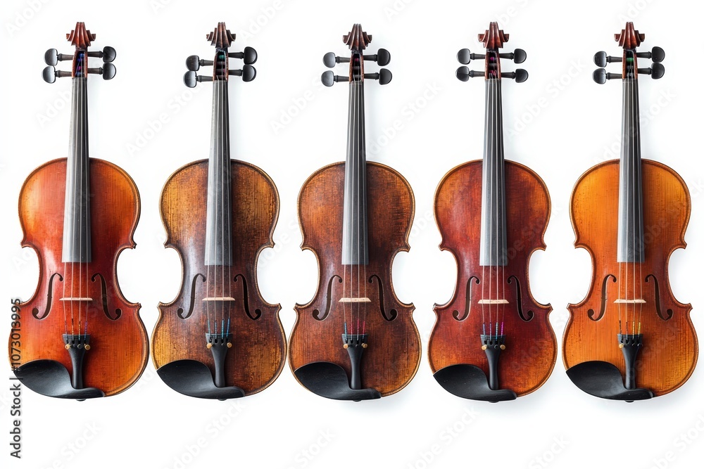 Naklejka premium Five beautiful violins lined up against a white isolated background.