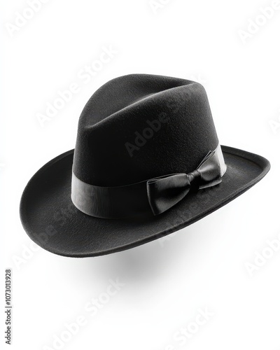 Elegant black hat with a stylish ribbon, isolated on a white background.