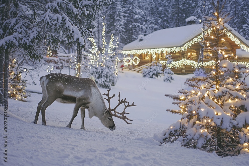 A reindeer grazing near a snowy cabin, with Christmas lights and decorations creating a magical scene. A reindeer grazing near a snowy cabin, with Christmas lights and decorations creating a magical scene.