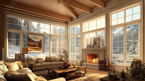 A cozy living room with a fireplace and large windows overlooking a snowy landscape. photo