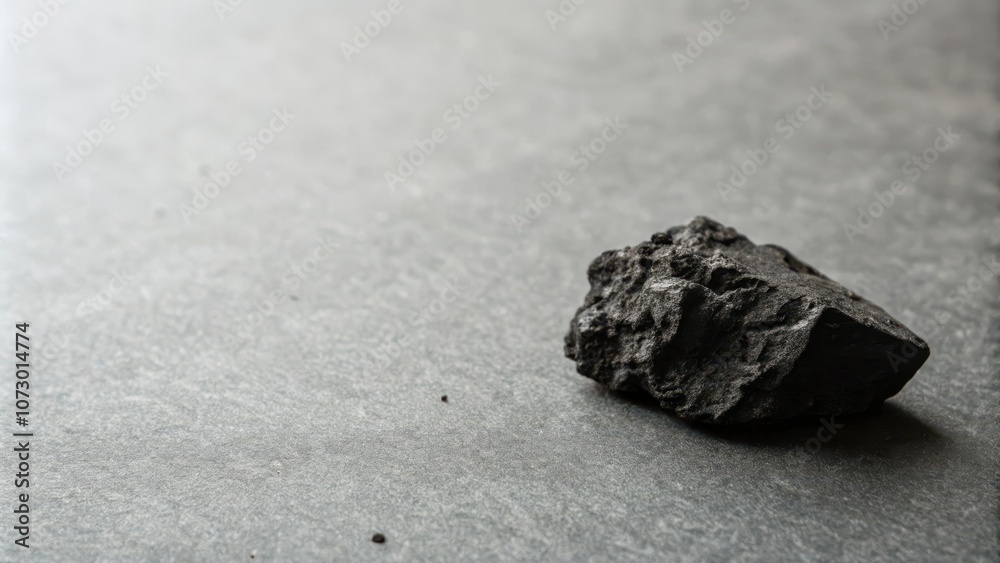 A solitary black rock sits on a textured gray surface, casting a shadow and revealing its rough, uneven form. A solitary black rock sits on a textured gray surface, casting a shadow and revealing its rough, uneven form.