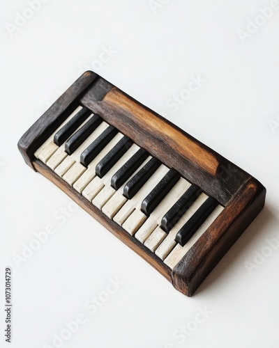 Wooden toy piano with black and white keys on a white isolated background.