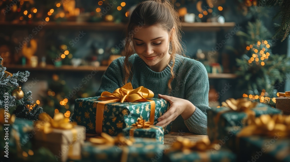 Young Woman Wrapping Christmas Gifts with Golden Bows in a Cozy, Festive Holiday Setting Young Woman Wrapping Christmas Gifts with Golden Bows in a Cozy, Festive Holiday Setting