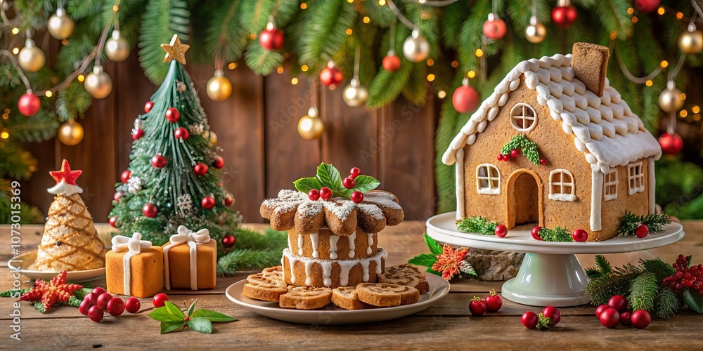 Festive Gingerbread Delights A Miniature Christmas Village with a Star-Shaped Cake, a Gingerbread House, and Miniature Gifts on a Rustic Wooden Table Festive Gingerbread Delights A Miniature Christmas Village with a Star-Shaped Cake, a Gingerbread House, and Miniature Gifts on a Rustic Wooden Table