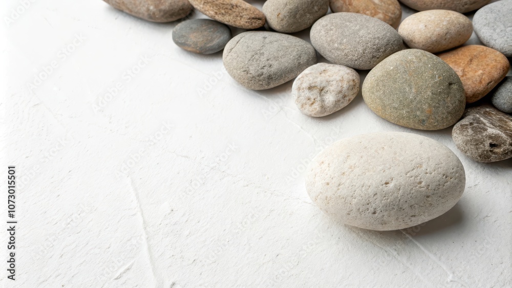 A smooth, white stone rests on a textured white surface, surrounded by a cluster of various sized, weathered stones. A smooth, white stone rests on a textured white surface, surrounded by a cluster of various sized, weathered stones.