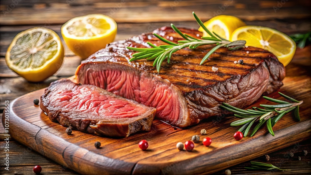 A Seared Steak with Rosemary Garnish and Lemon Slices on a Rustic Wooden Cutting Board A Seared Steak with Rosemary Garnish and Lemon Slices on a Rustic Wooden Cutting Board