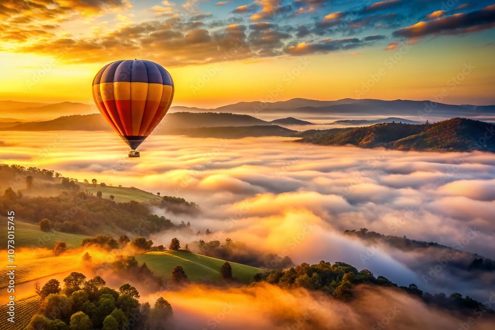 Obraz premium Aerial View of Californian Hills in Fog at Sunrise from a Hot Air Balloon, Capturing the Ethereal Beauty of Dreams Realized in Vintage Style Photography